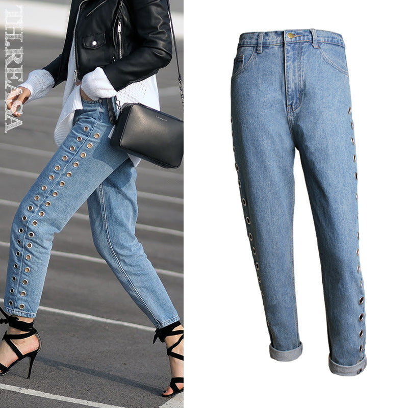 Pantalon ample taille haute pour femme, style streetwear européen et américain, coupe BF Wind, rivets, découpes, yeux métalliques