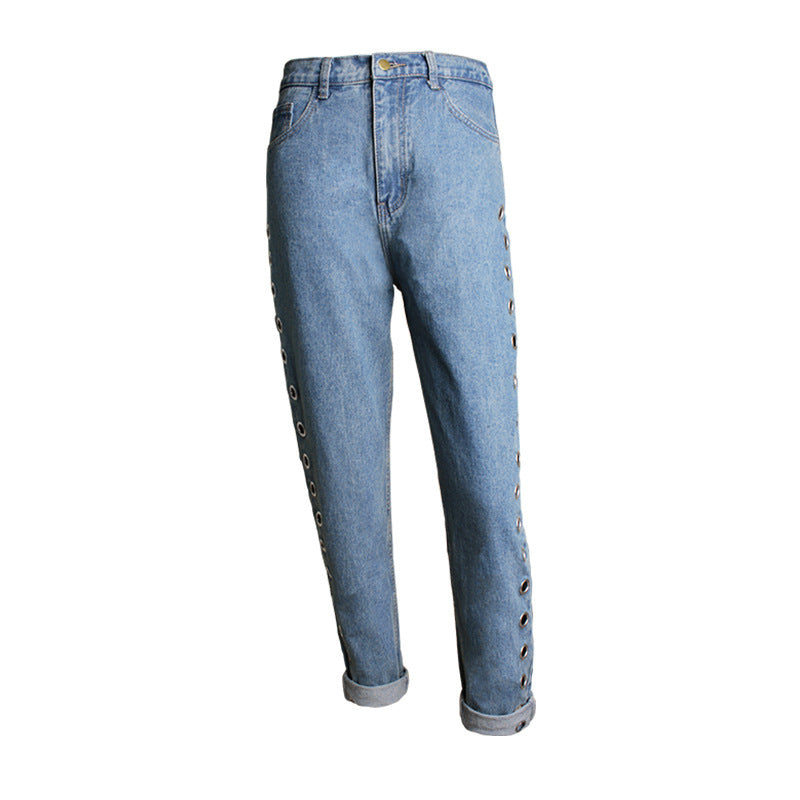 Pantalon ample taille haute pour femme, style streetwear européen et américain, coupe BF Wind, rivets, découpes, yeux métalliques