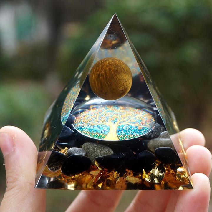 Pyramide d'orgonite 60 mm, sphère en cristal d'améthyste avec obsidienne naturelle