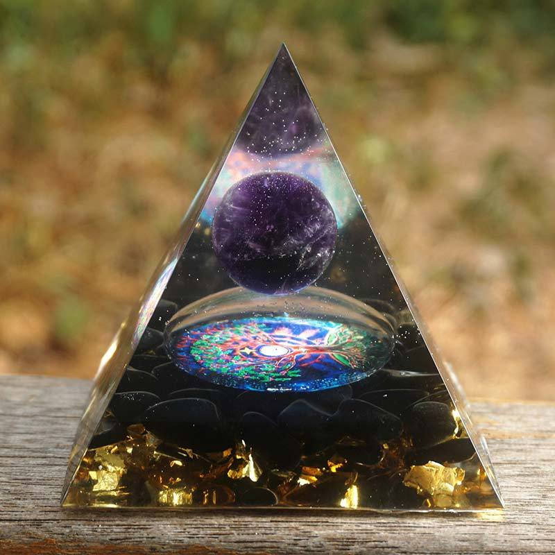 Pyramide d'orgonite 60 mm, sphère en cristal d'améthyste avec obsidienne naturelle
