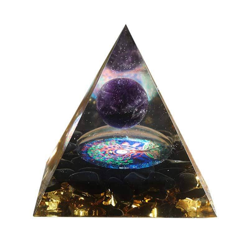 Pyramide d'orgonite 60 mm, sphère en cristal d'améthyste avec obsidienne naturelle