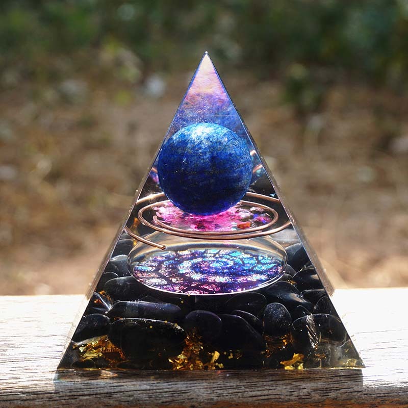 Pyramide d'orgonite 60 mm, sphère en cristal d'améthyste avec obsidienne naturelle