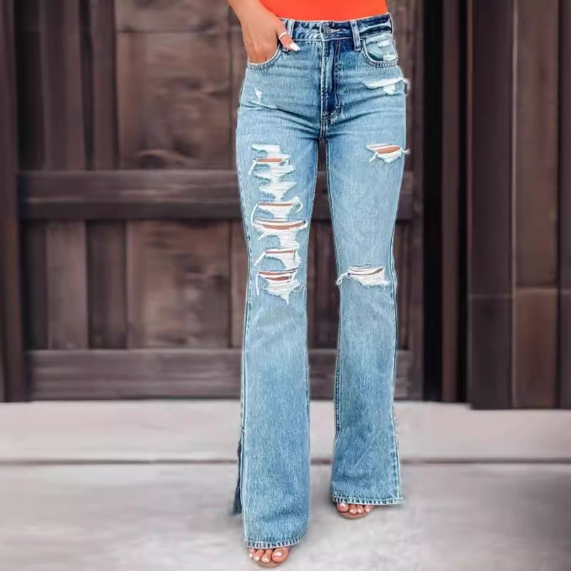 Jean taille haute légèrement déchiré pour femme