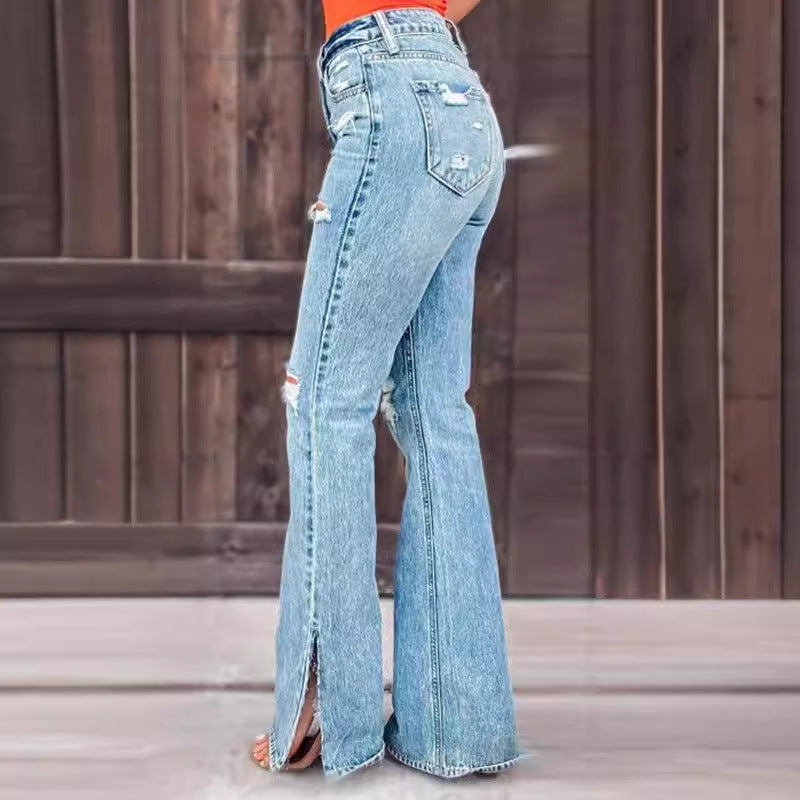 Jean taille haute légèrement déchiré pour femme