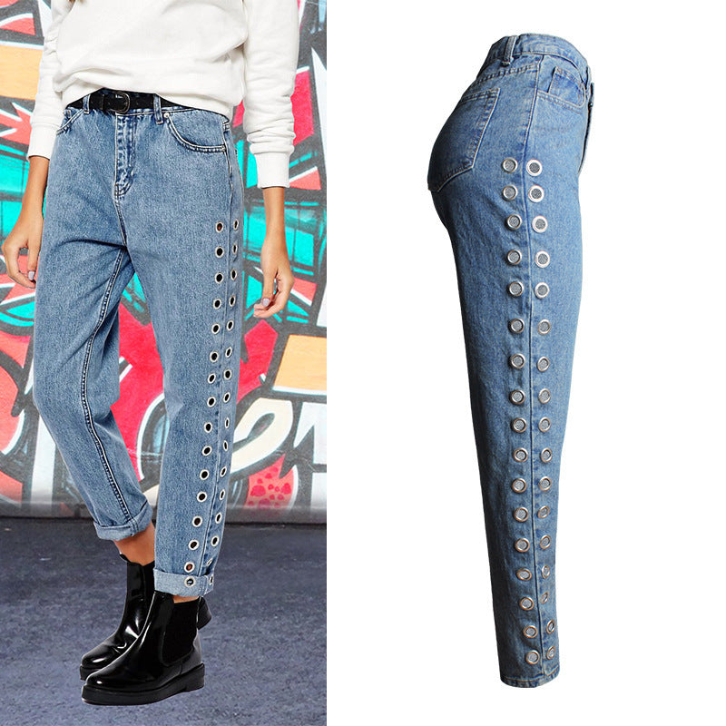 Pantalon ample taille haute pour femme, style streetwear européen et américain, coupe BF Wind, rivets, découpes, yeux métalliques