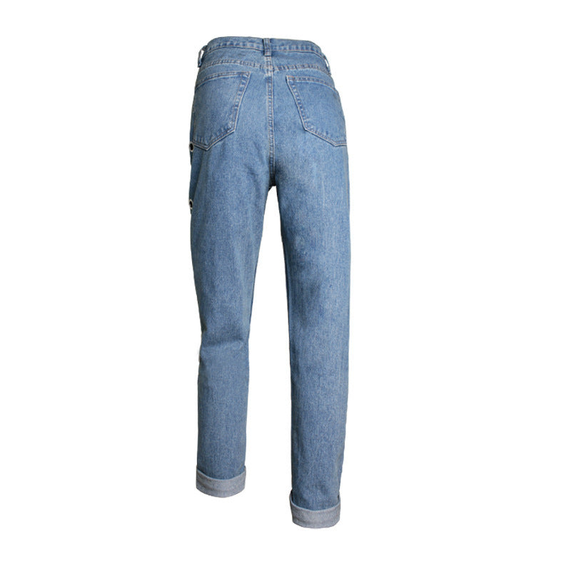Pantalon ample taille haute pour femme, style streetwear européen et américain, coupe BF Wind, rivets, découpes, yeux métalliques