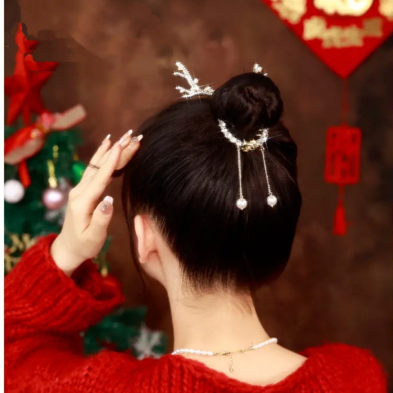 Pince à cheveux en alliage de perles en forme de cerf romantique et brillante avec perles en zircon pour femme