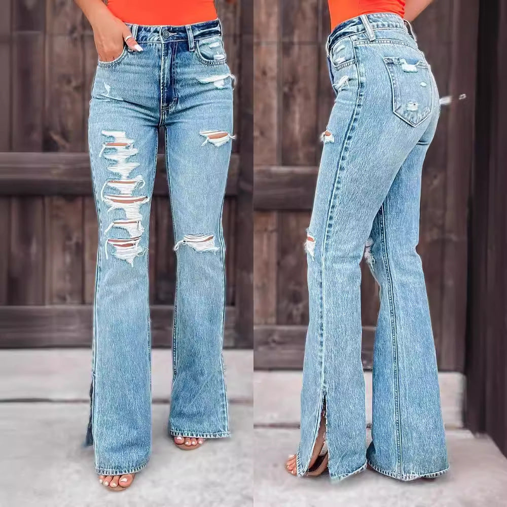 Jean taille haute légèrement déchiré pour femme