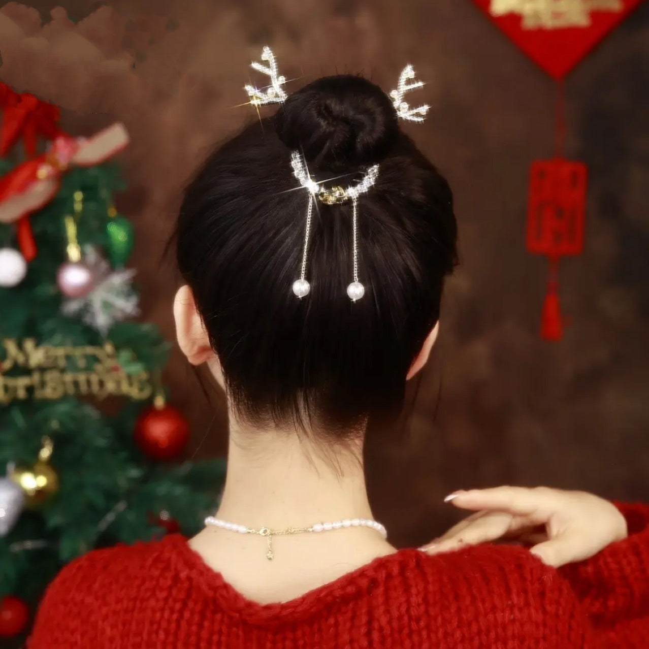 Pince à cheveux en alliage de perles en forme de cerf romantique et brillante avec perles en zircon pour femme