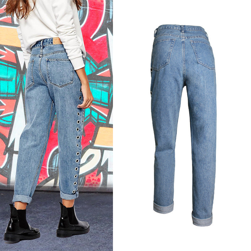 Pantalon ample taille haute pour femme, style streetwear européen et américain, coupe BF Wind, rivets, découpes, yeux métalliques