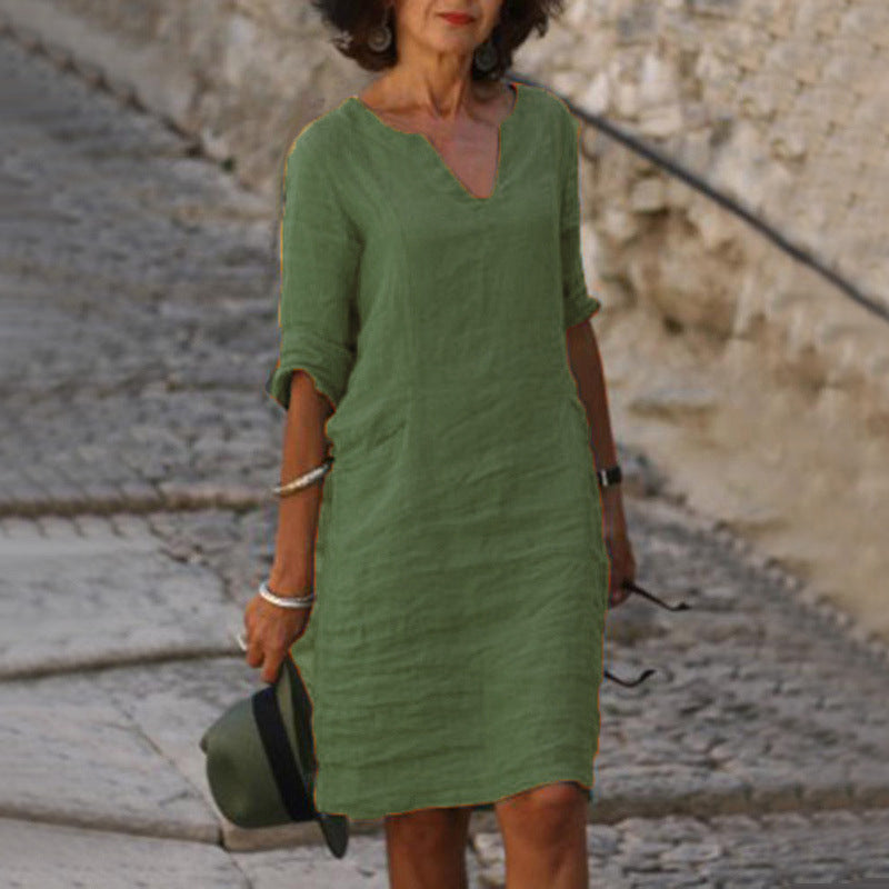 Robe d'été en coton et lin avec coutures classiques et taille haute