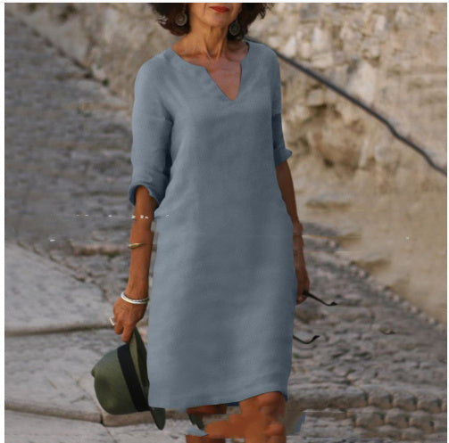 Robe d'été en coton et lin avec coutures classiques et taille haute