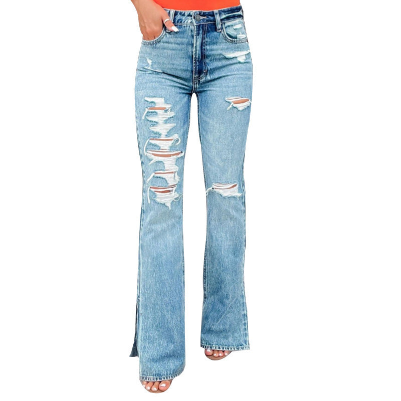 Jean taille haute légèrement déchiré pour femme