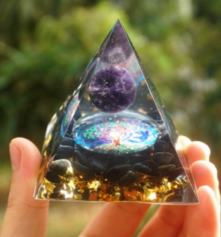 Pyramide d'orgonite 60 mm, sphère en cristal d'améthyste avec obsidienne naturelle