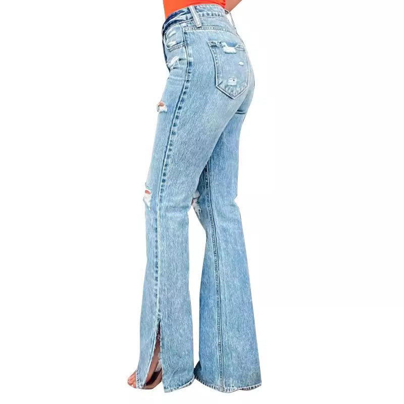 Jean taille haute légèrement déchiré pour femme