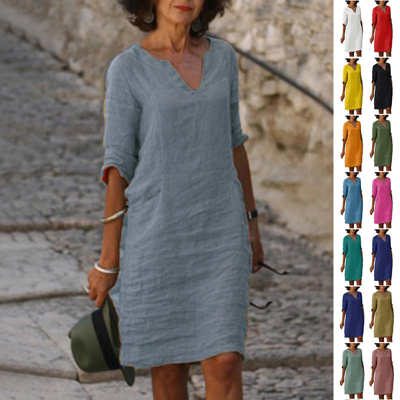 Robe d'été en coton et lin avec coutures classiques et taille haute