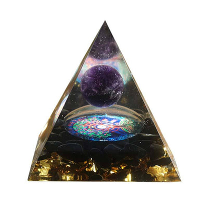 Pyramide d'orgonite 60 mm, sphère en cristal d'améthyste avec obsidienne naturelle