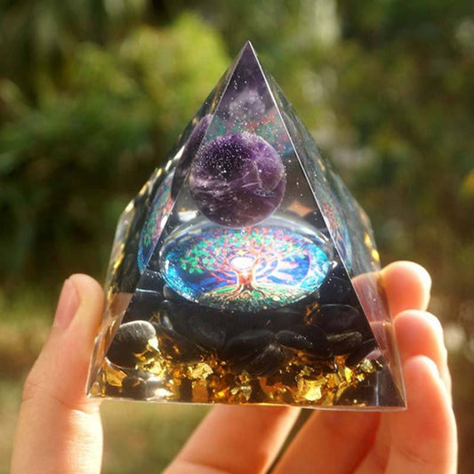 Pyramide d'orgonite 60 mm, sphère en cristal d'améthyste avec obsidienne naturelle