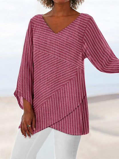 Chemise à manches longues irrégulières à rayures et col en V