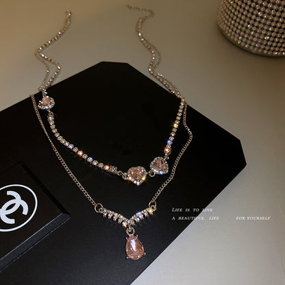Collier double couche en forme de cœur et de goutte d'eau en cristal et diamant