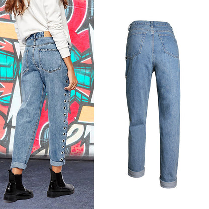 Pantalon ample taille haute pour femme, style streetwear européen et américain, coupe BF Wind, rivets, découpes, yeux métalliques