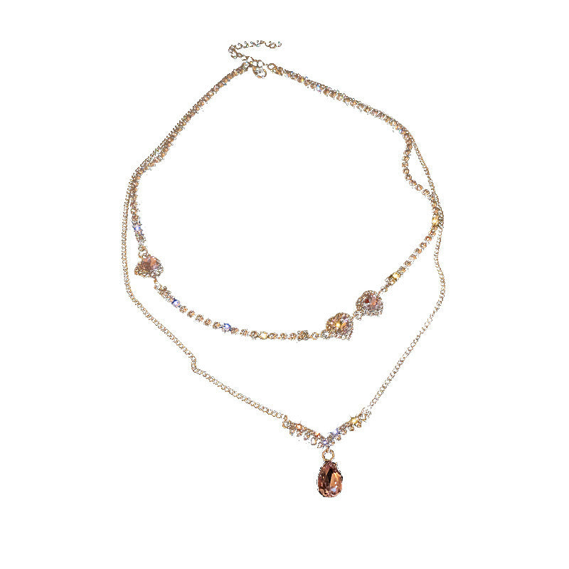 Collier double couche en forme de cœur et de goutte d'eau en cristal et diamant