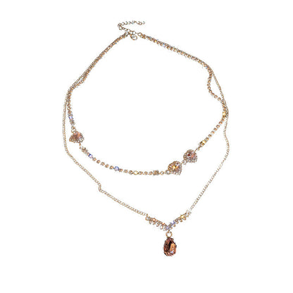 Collier double couche en forme de cœur et de goutte d'eau en cristal et diamant