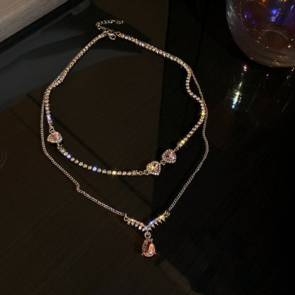 Collier double couche en forme de cœur et de goutte d'eau en cristal et diamant