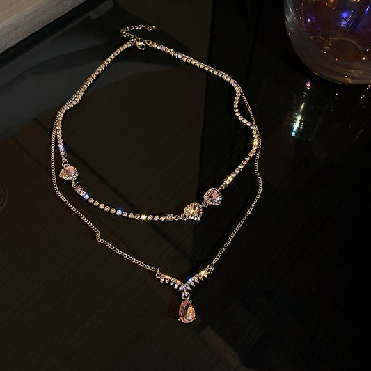 Collier double couche en forme de cœur et de goutte d'eau en cristal et diamant