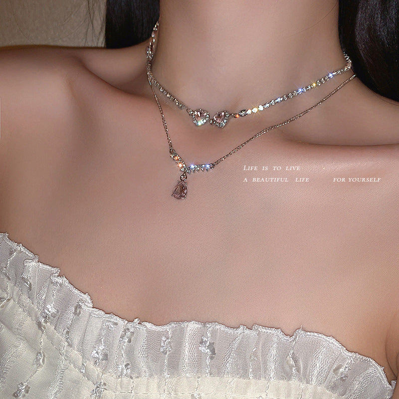 Collier double couche en forme de cœur et de goutte d'eau en cristal et diamant