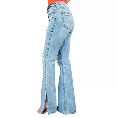 Jean taille haute légèrement déchiré pour femme