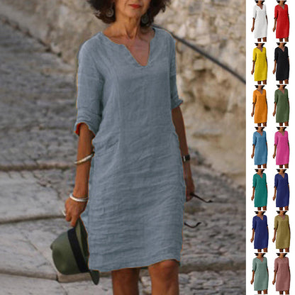 Robe d'été en coton et lin avec coutures classiques et taille haute