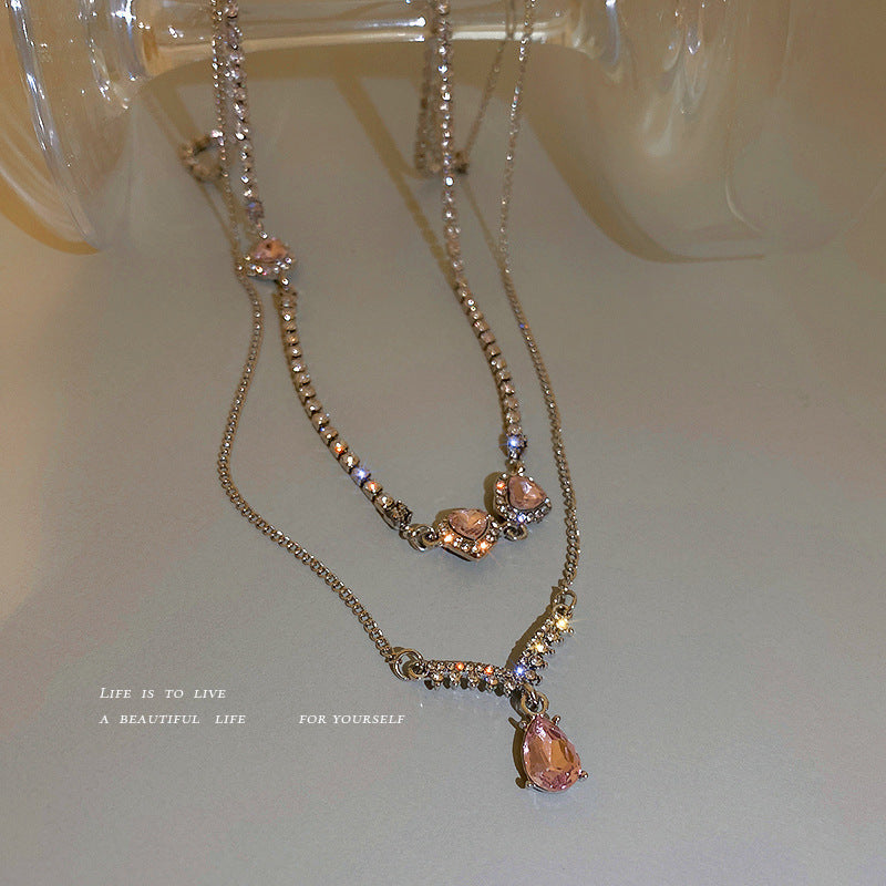 Collier double couche en forme de cœur et de goutte d'eau en cristal et diamant
