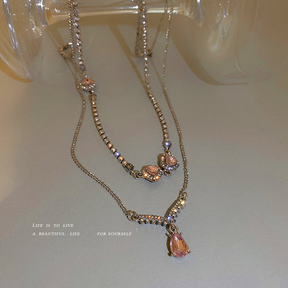 Collier double couche en forme de cœur et de goutte d'eau en cristal et diamant